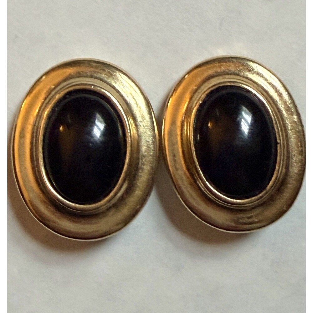 Vintage Liz Claiborne LC Black Cabochon Gold Tone Omega Back Earrings